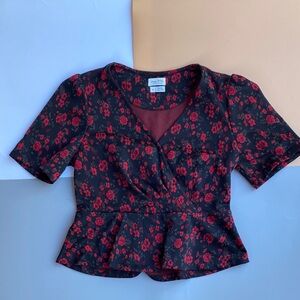 Meadow Rue Black Blouse with Red Floral Pattern